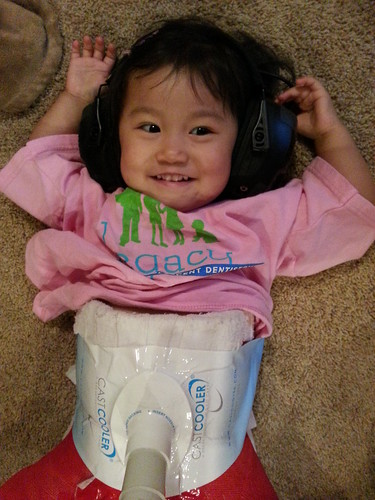 Using the noisy Cast Cooler with ear protection.